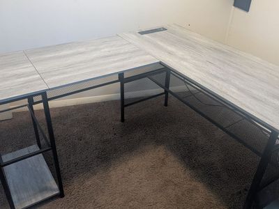 L-Shaped Computer Desk with Shelves and Power Outlet - Grey Wood/Black Metal