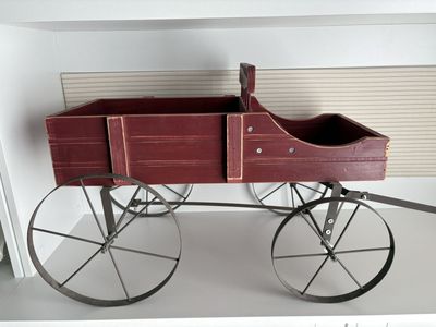 Vintage Rustic Wooden Decorative Wagon Red Farmhouse Decor with Metal Wheels