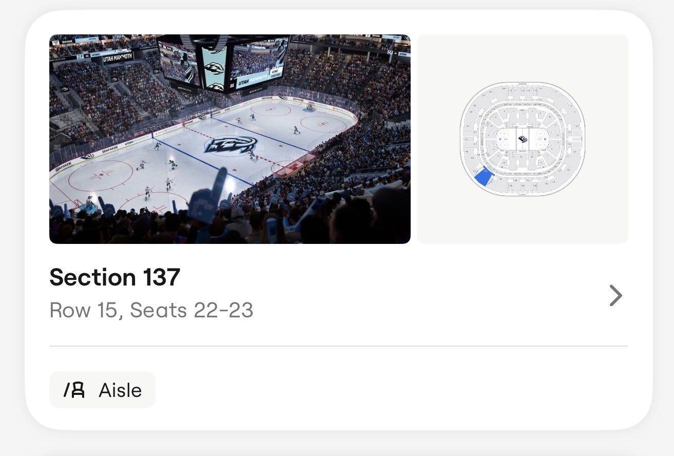 Utah Mammoth April 11 Section 137 Row15 Seats 22-3