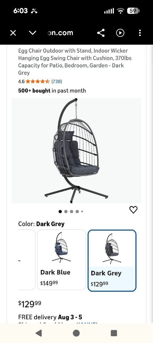 Egg Chair Outdoor Hanging Swing Chair with Stand & Cushion, Dark Grey, 370lbs Capacity