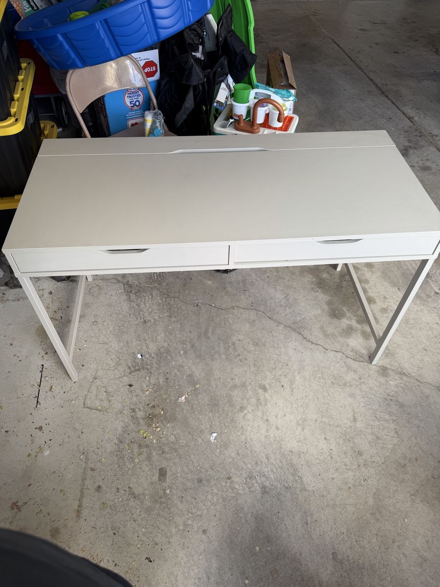 Minimalist Gray Desk with 2 Drawers - Modern Home Office or Study Table