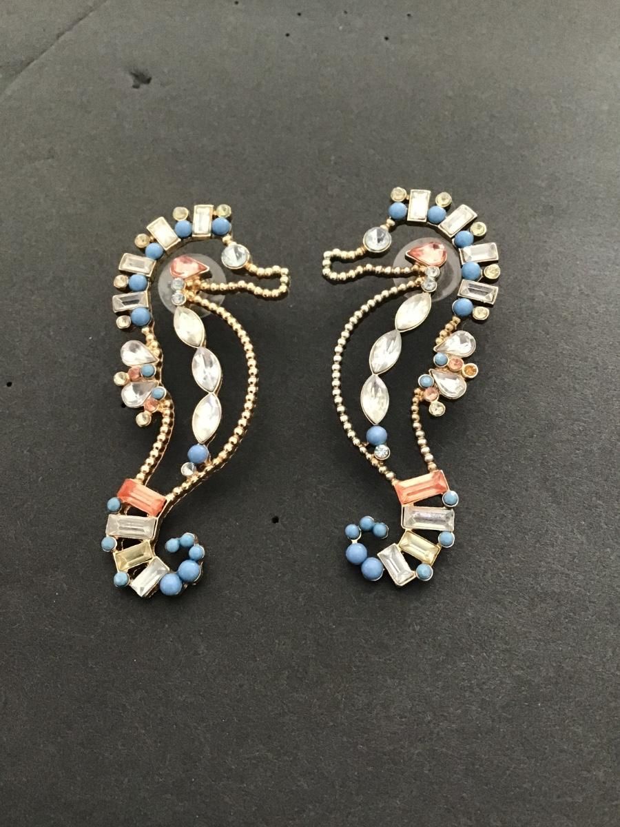 Whimsical Seahorse Stud Earrings - Blue & Clear Crystal Embellished Gold Tone