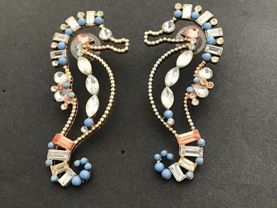 Whimsical Seahorse Stud Earrings - Blue & Clear Crystal Embellished Gold Tone