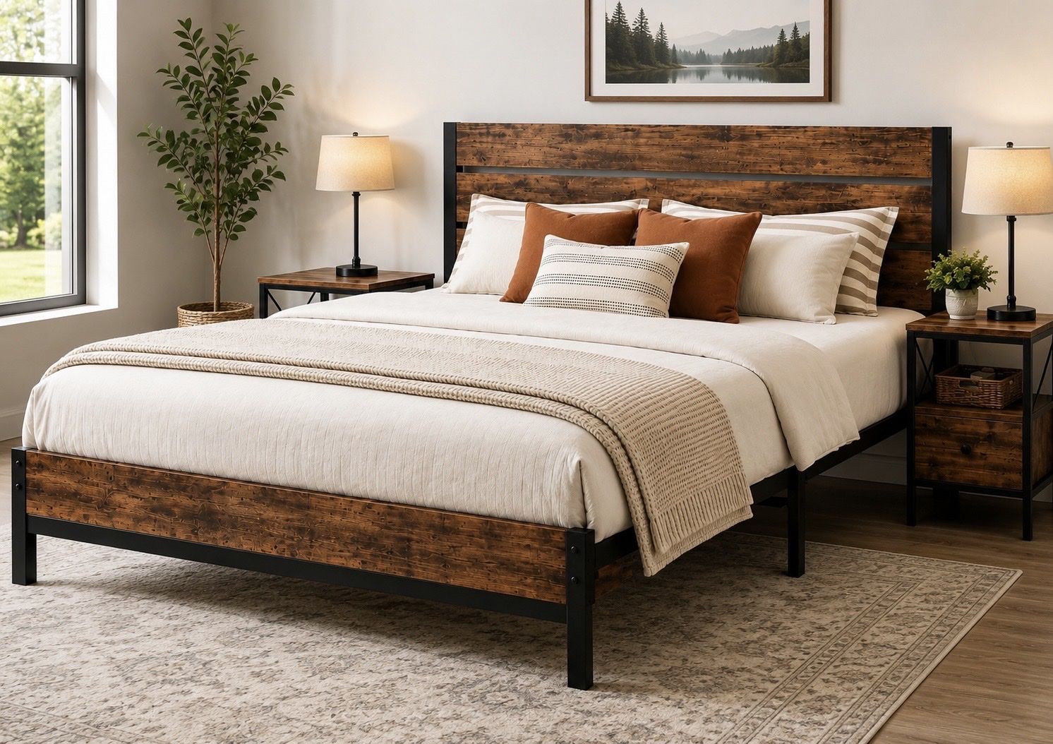 Queen Size Platform Bed Frame — Brand New - wood and metal Design