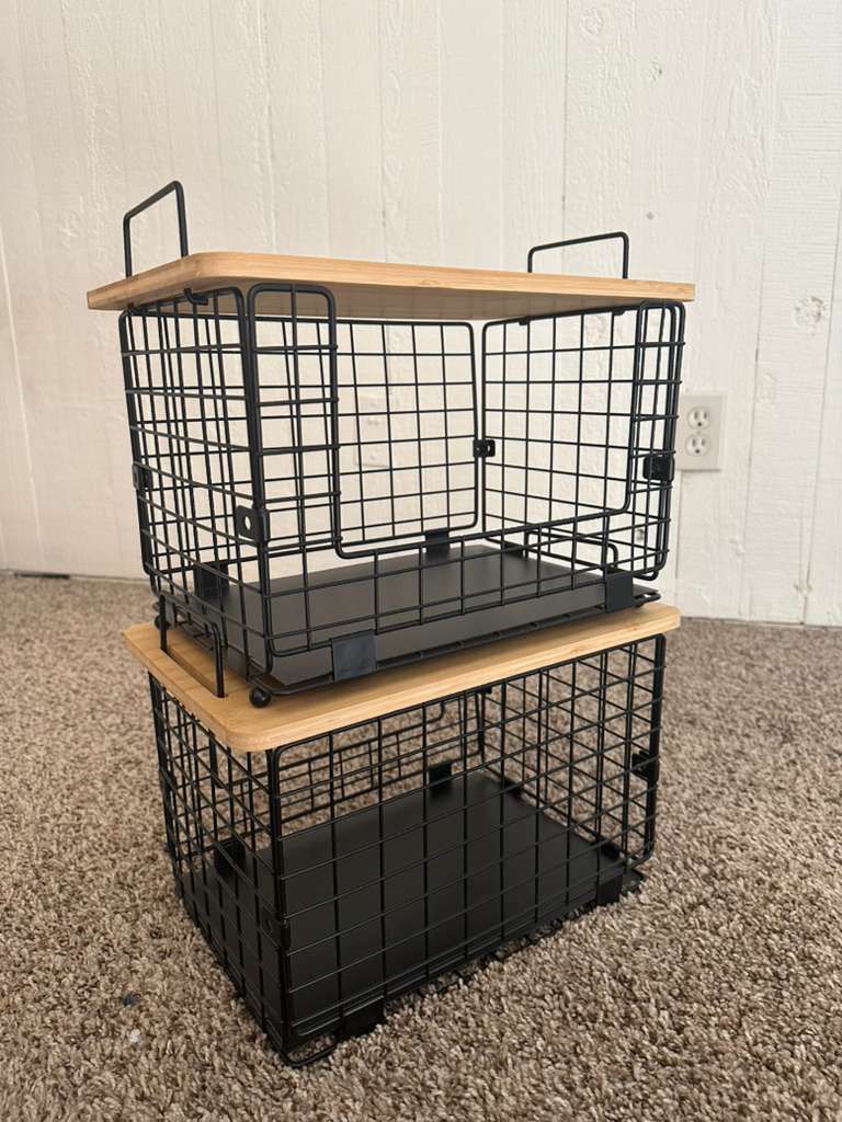 2 Set XL Stackable Wire Basket with Bamboo Tops & Tags- Pantry Organizer and Storage Bins