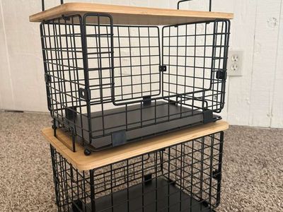 2 Set XL Stackable Wire Basket with Bamboo Tops & Tags- Pantry Organizer and Storage Bins