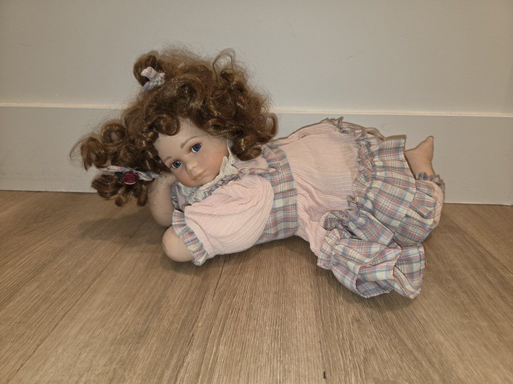 Vintage Porcelain Collector Doll in Pink Plaid Dress