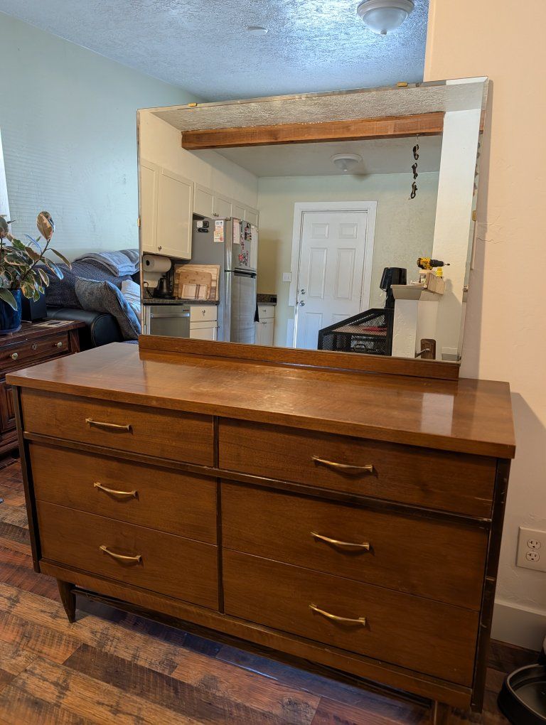 Mid Century Modern Wooden Dresser with Attached Mirror