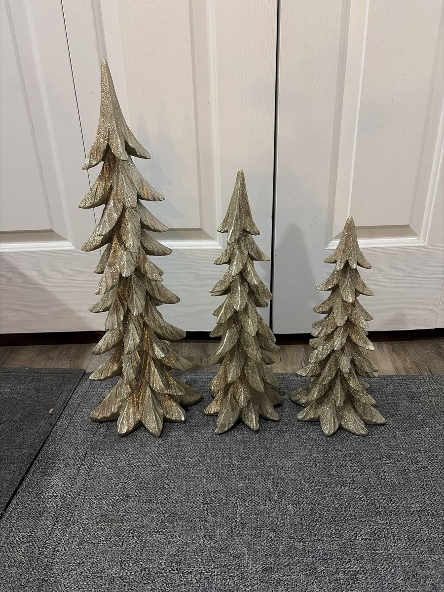 Set of 3 Glittery Gold Resin Christmas Tree Decorations - Various Sizes Holiday Decor