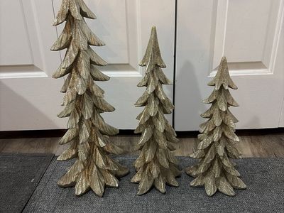Set of 3 Glittery Gold Resin Christmas Tree Decorations - Various Sizes Holiday Decor