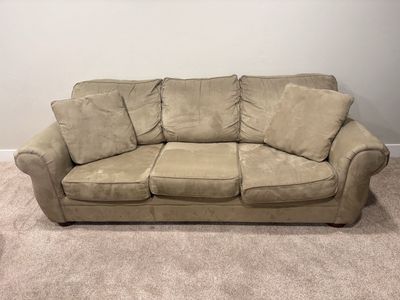 Tan Microfiber Fabric Sofa with Rolled Arms and Accent Pillows