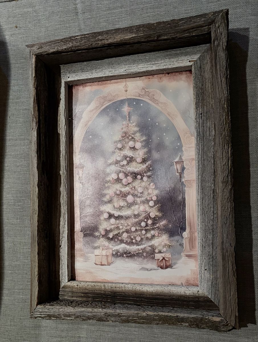 Rustic Framed Christmas Tree Canvas Art Print - Winter Holiday Scene Wall Decor