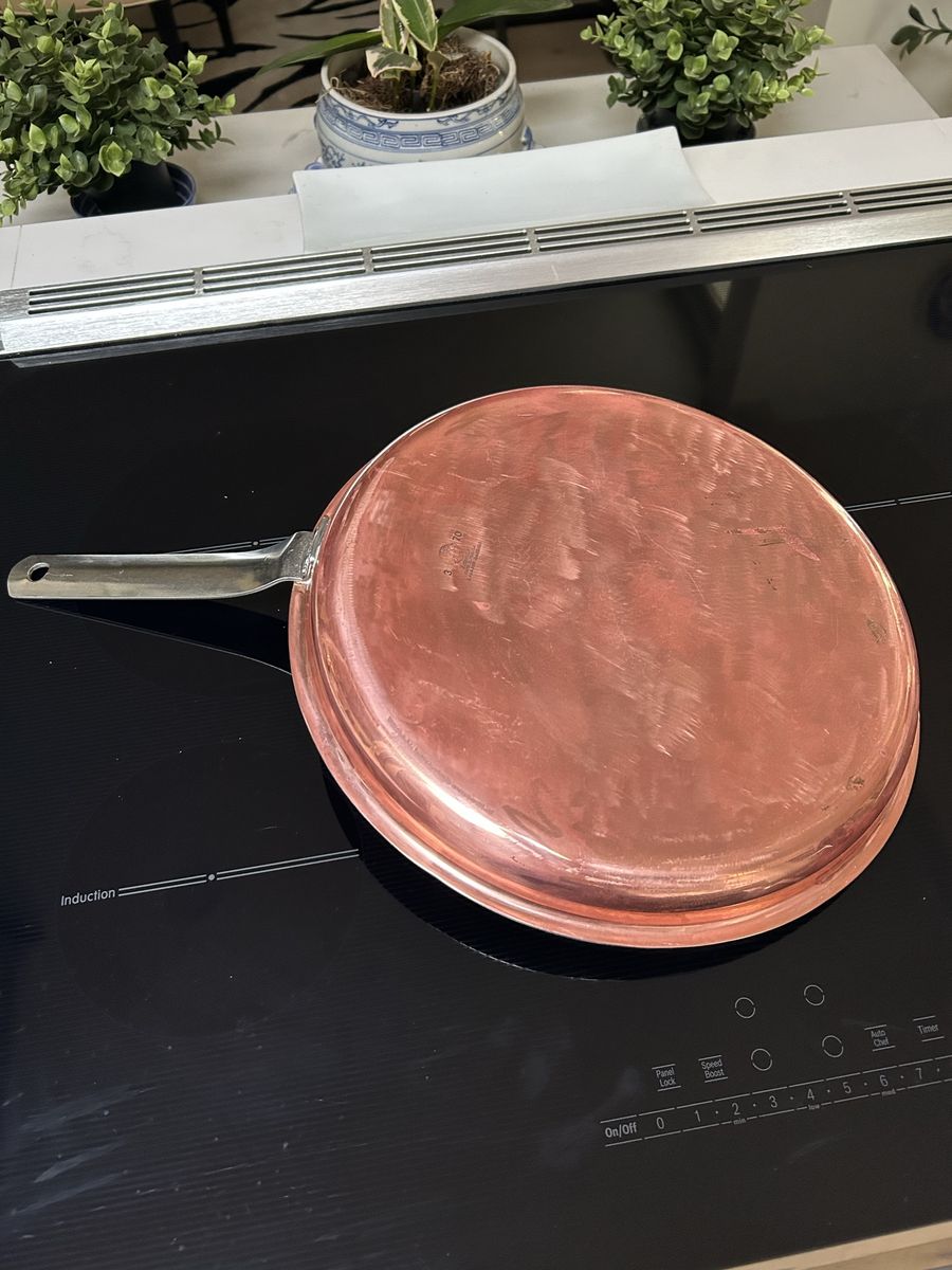 Large Vintage Copper Skillet Fry Pan with Stainless Steel Interior and Long Handle