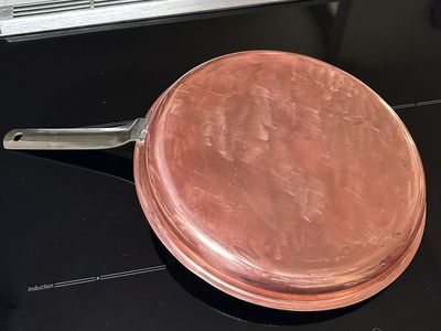 Large Vintage Copper Skillet Fry Pan with Stainless Steel Interior and Long Handle
