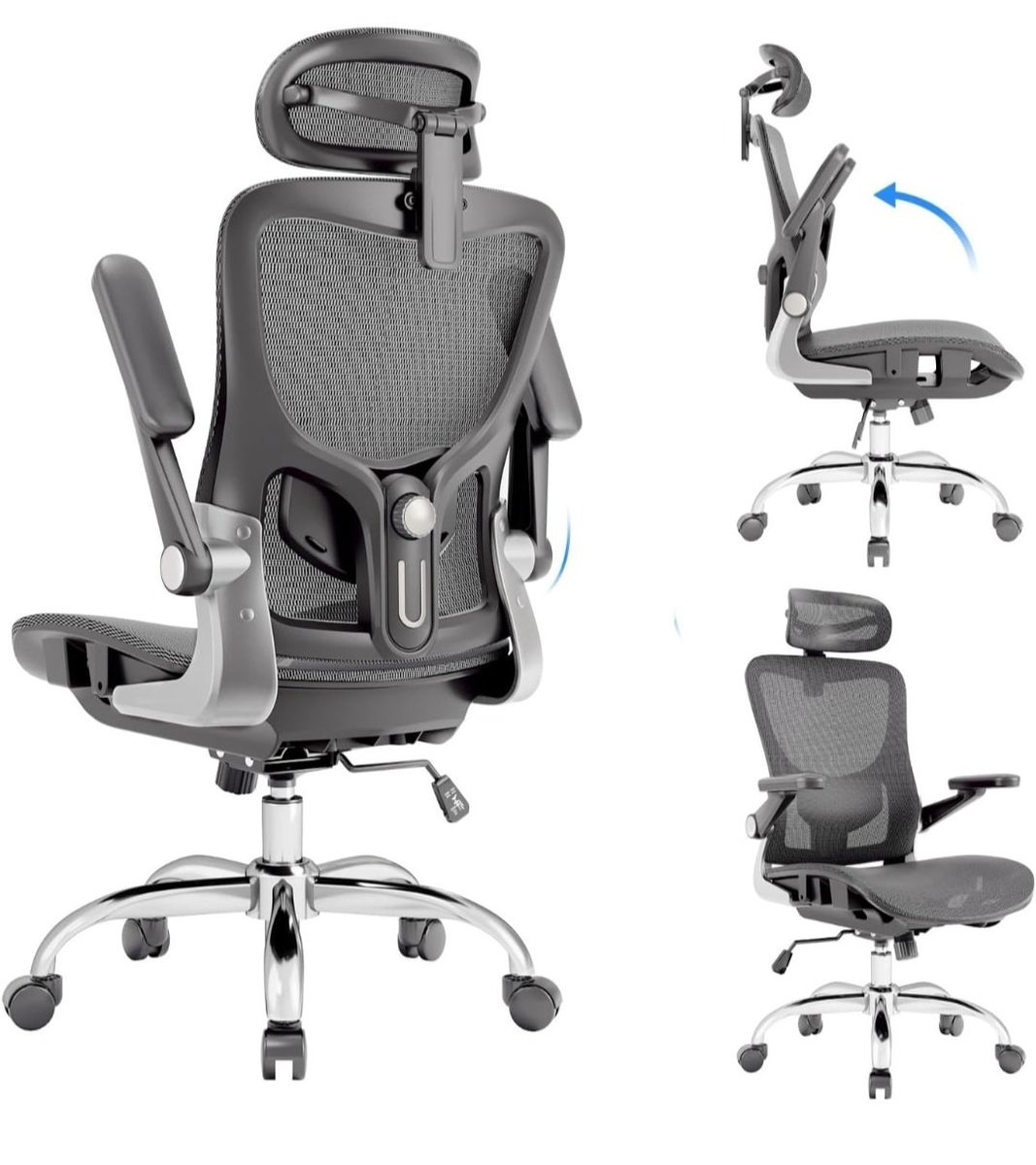 Ergonomic Mesh Office Chair with Adjustable Headrest and Lumbar Support - Swivel, Black/Silver