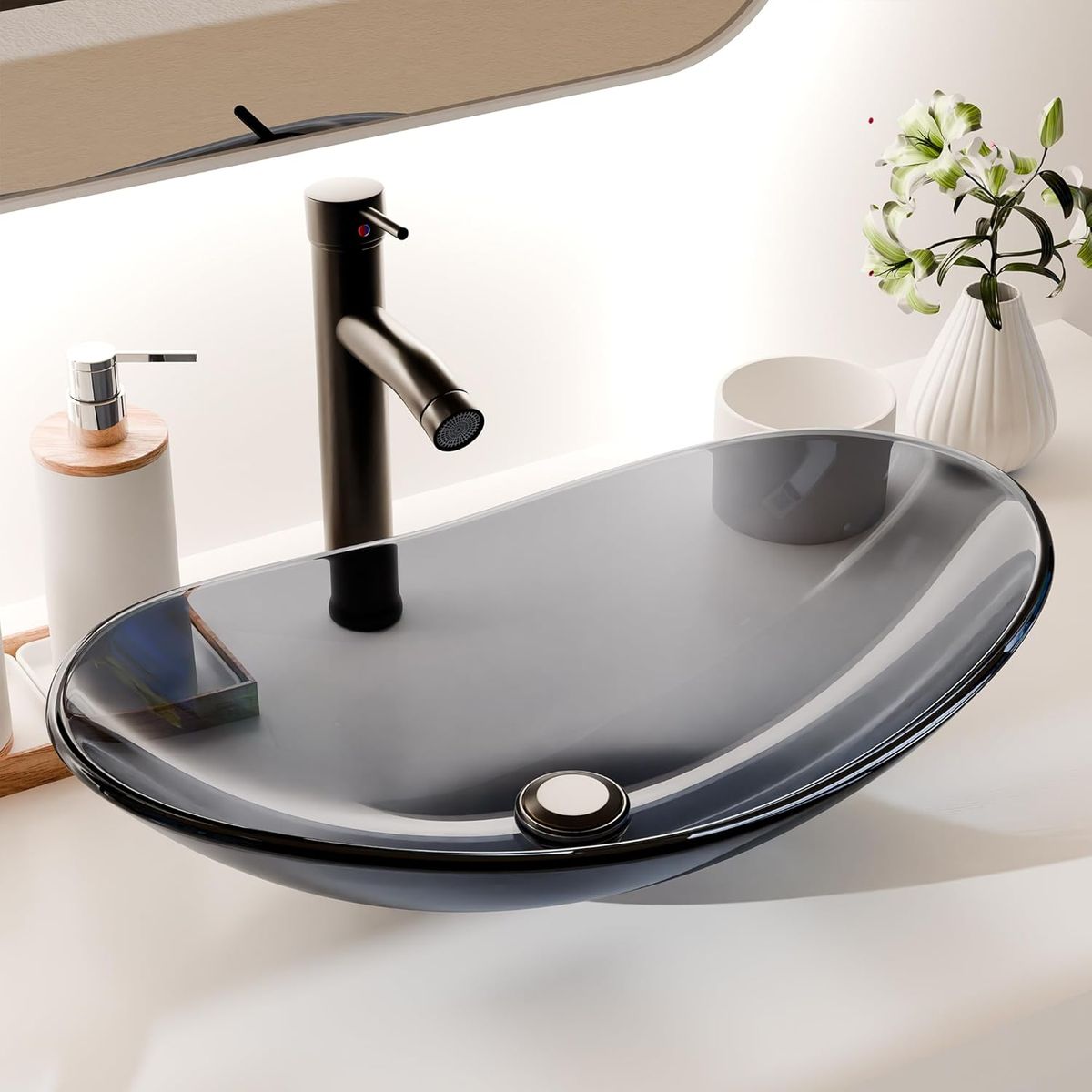 Clear Grey Tempered Glass Basin Vessel Bathroom Sink with Faucet and Drain