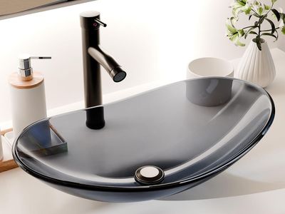 Clear Grey Tempered Glass Basin Vessel Bathroom Sink with Faucet and Drain