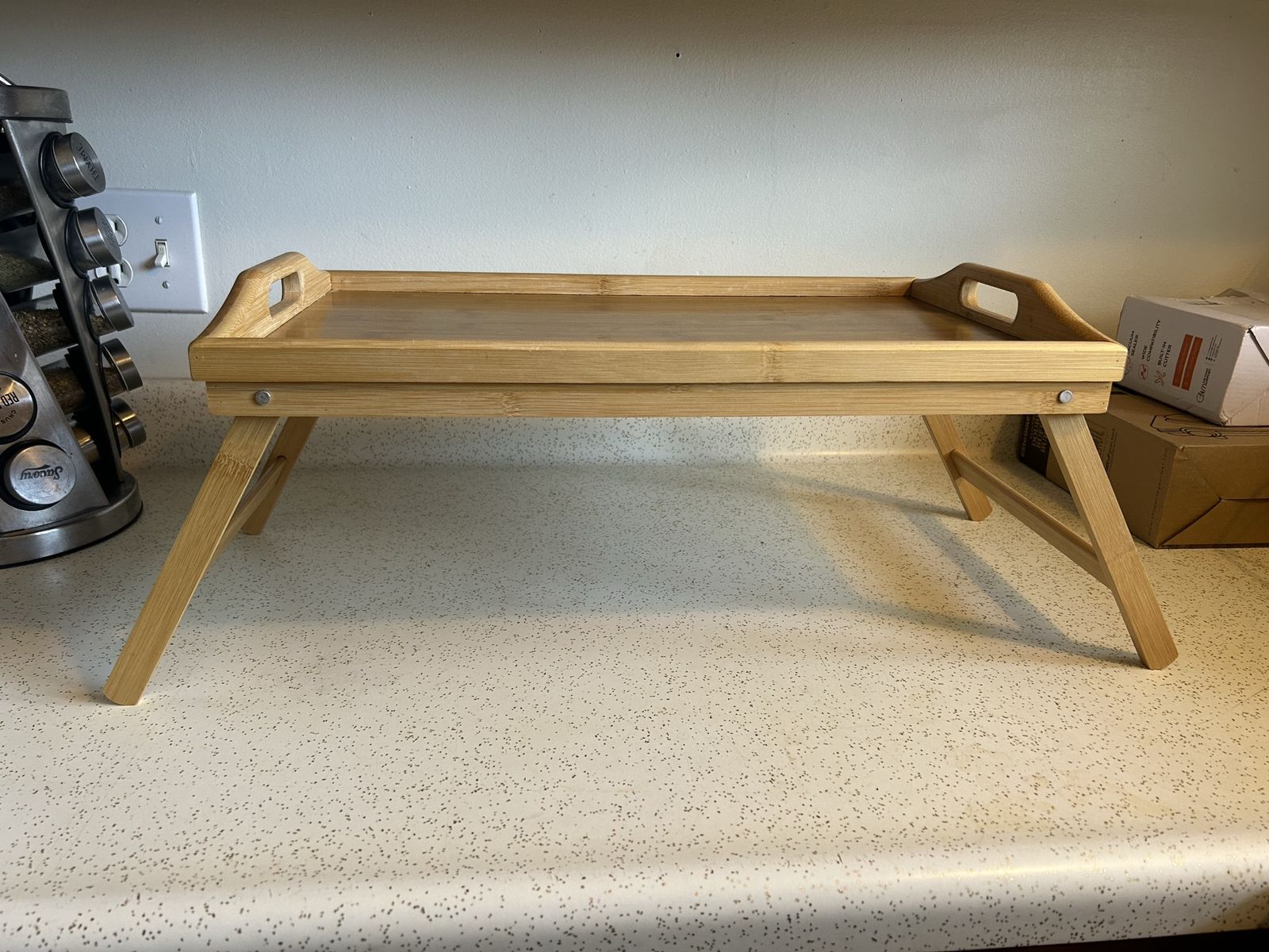 Lightweight Portable Bamboo Lap Desk / Breakfast Tray / Bed Tray Table / TV Tray with Carrying Handles and Collapsable Legs