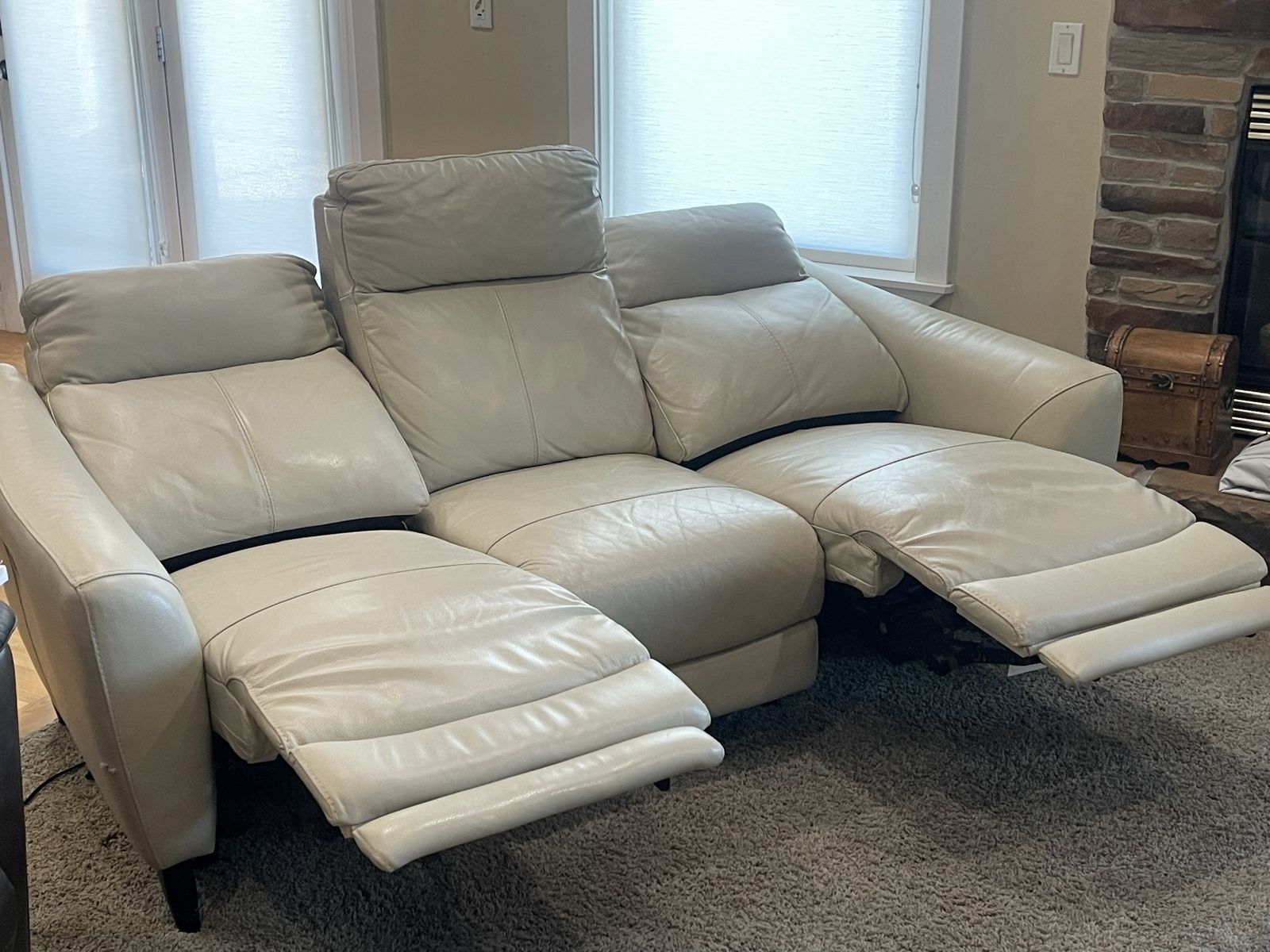 Modern Light Gray Leather Power Reclining Sofa