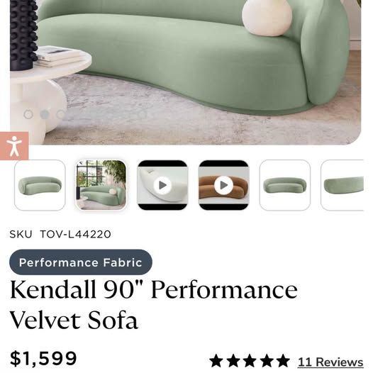 Kendall 90" Performance Velvet Sofa - Modern Curved Design Couch