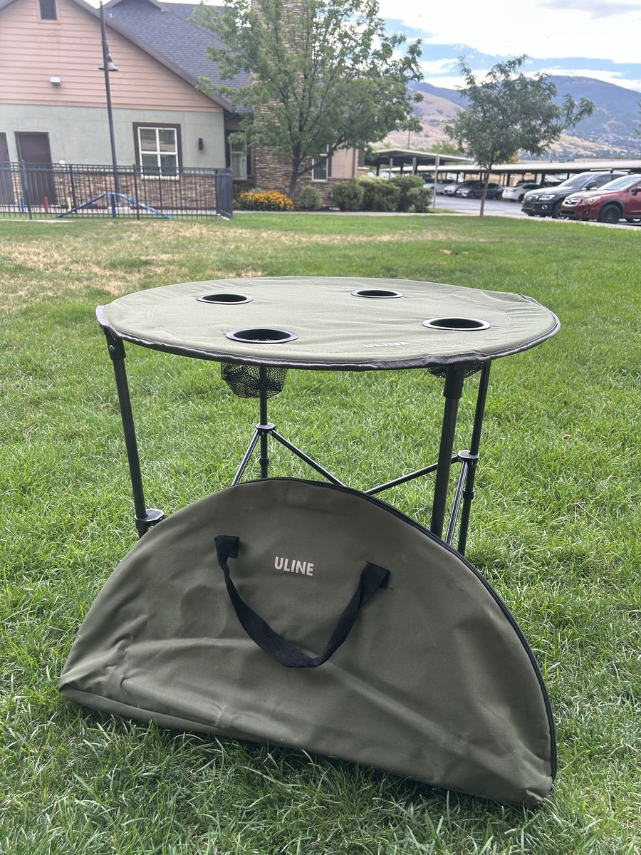 ULINE 28" Diameter Portable Camping Folding Table, 4 Cup Holders, Green