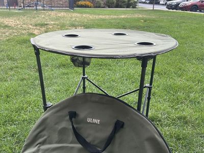 ULINE 28" Diameter Portable Camping Folding Table, 4 Cup Holders, Green