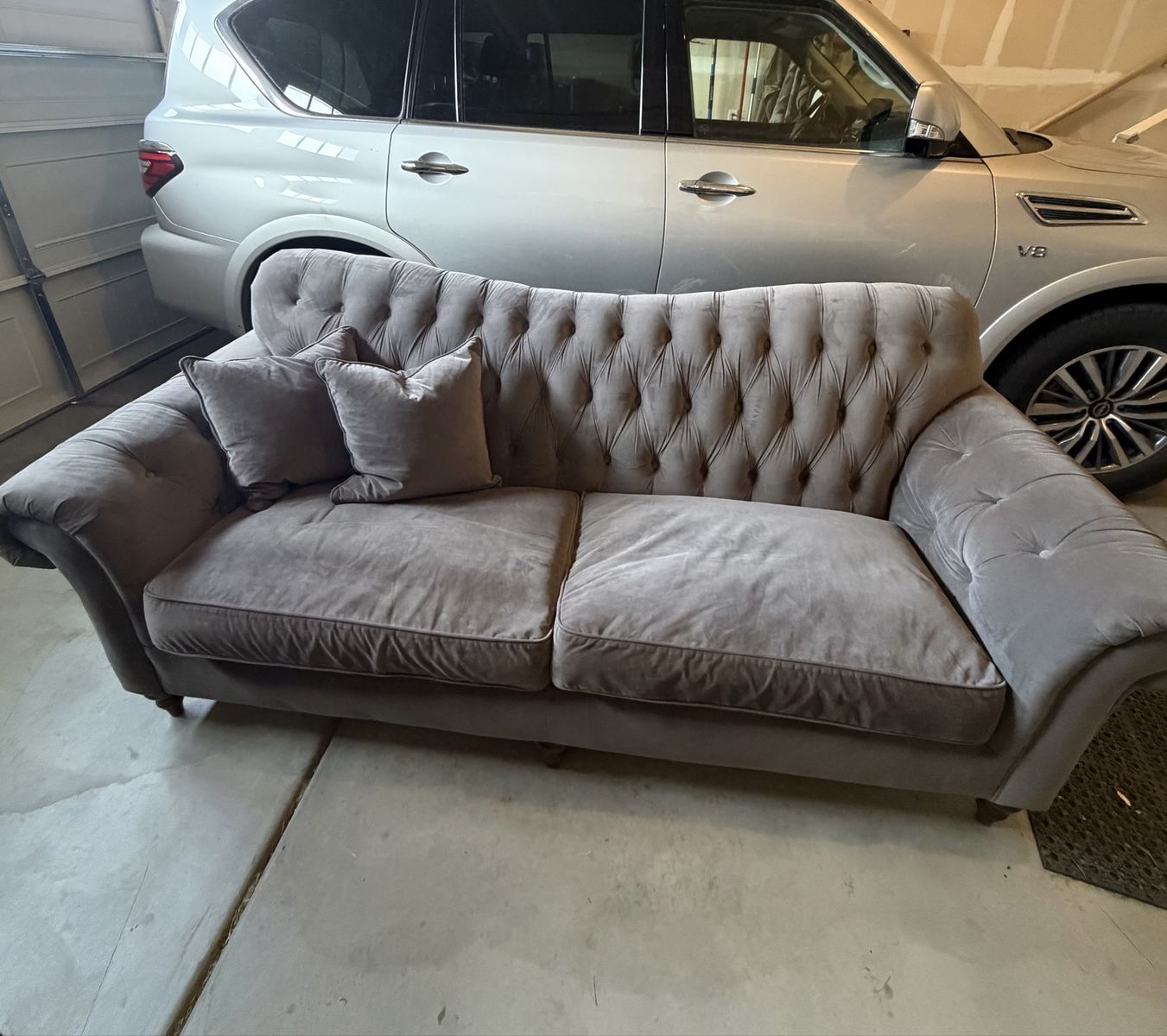 Gray velvet tufted chesterfield sofa