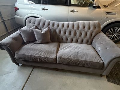 Gray velvet tufted chesterfield sofa