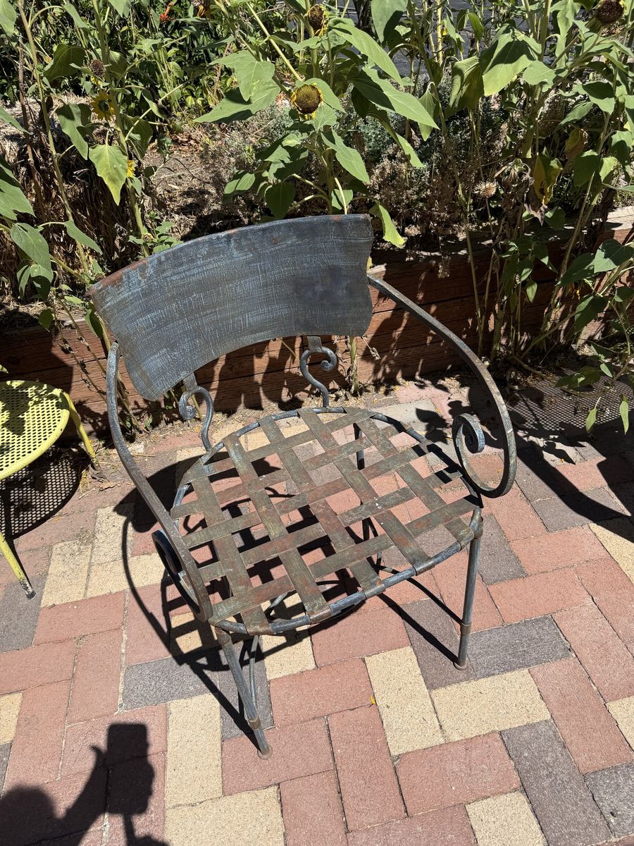 Vintage Wrought Iron Metal Patio Armchair with Woven Strap Seat