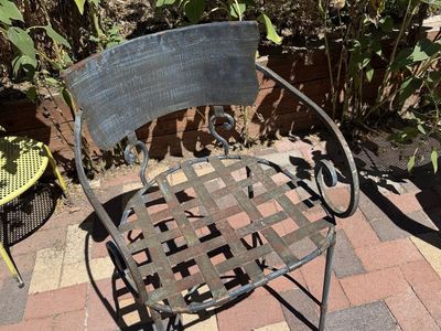 Vintage Wrought Iron Metal Patio Armchair with Woven Strap Seat