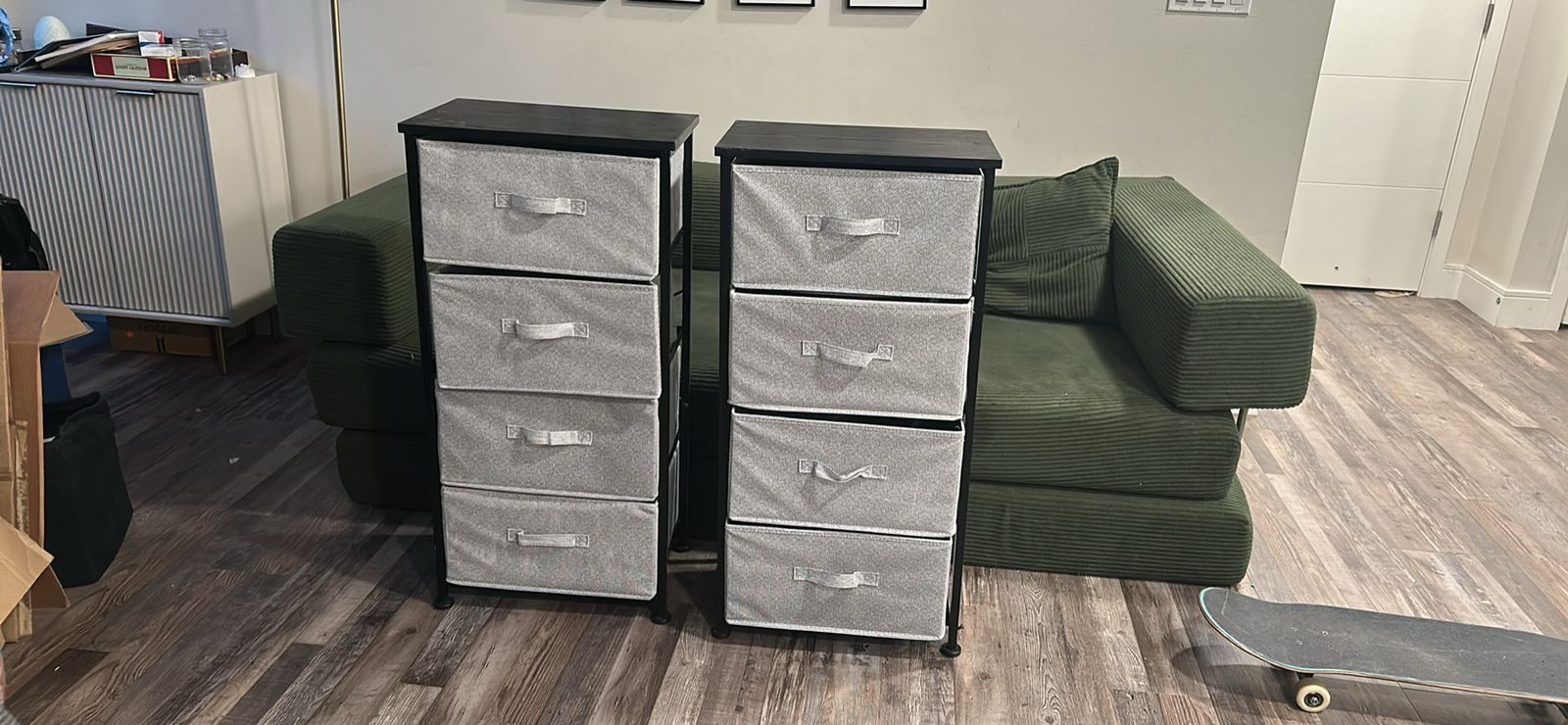 Two gray organizers with four drawers each