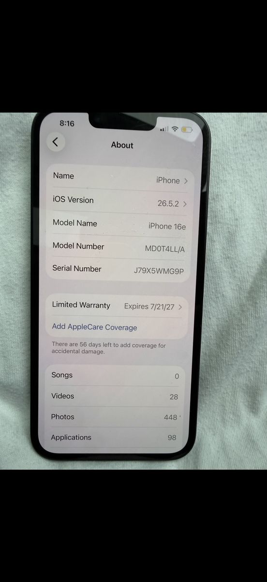 Apple iPhone 16e (MD0T4LL/A) Smartphone - Unlocked, 56 Days AppleCare Left