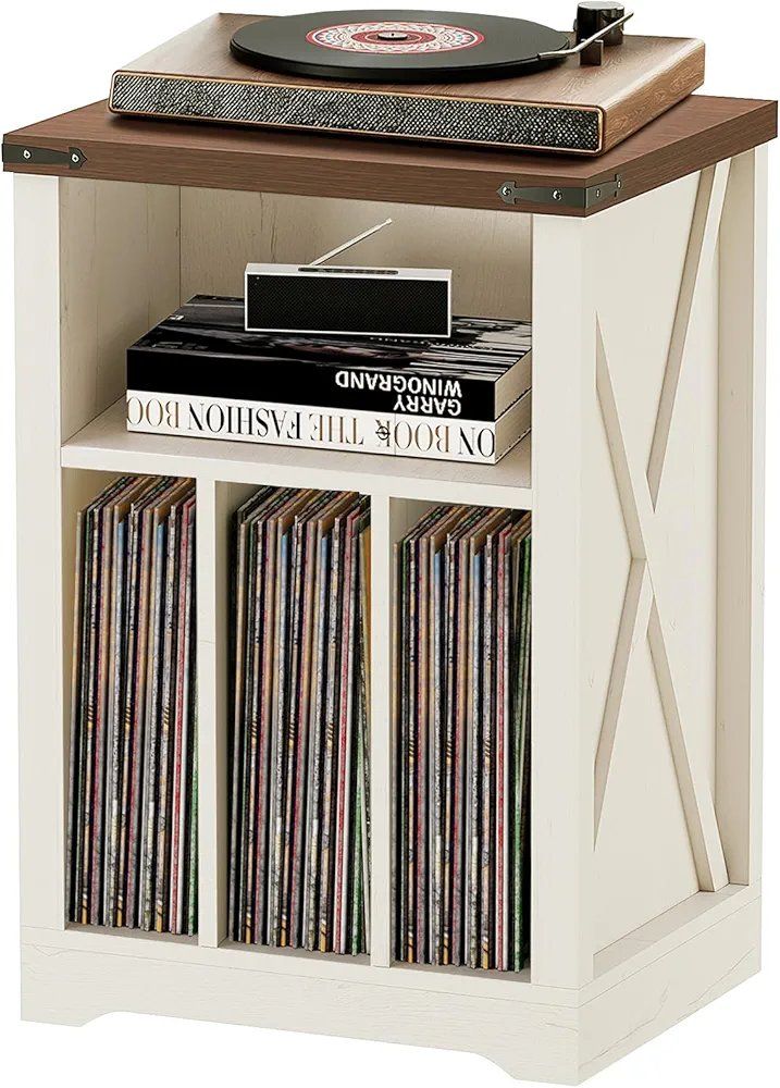 BEWISHOME Record Player Stand with 3 Cabinets, Woo