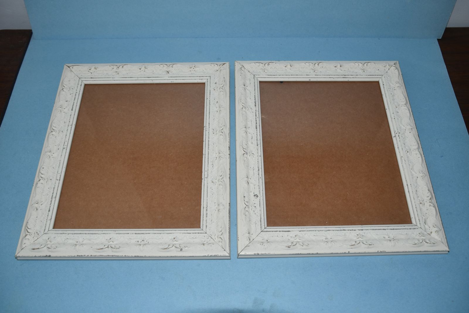 2 WHITE DISTRESSED PICTURE FRAMES ~ FOR 8" x 10" PICTURES ~ HANGERS ~ CLEAN ~ BOTH FOR $5