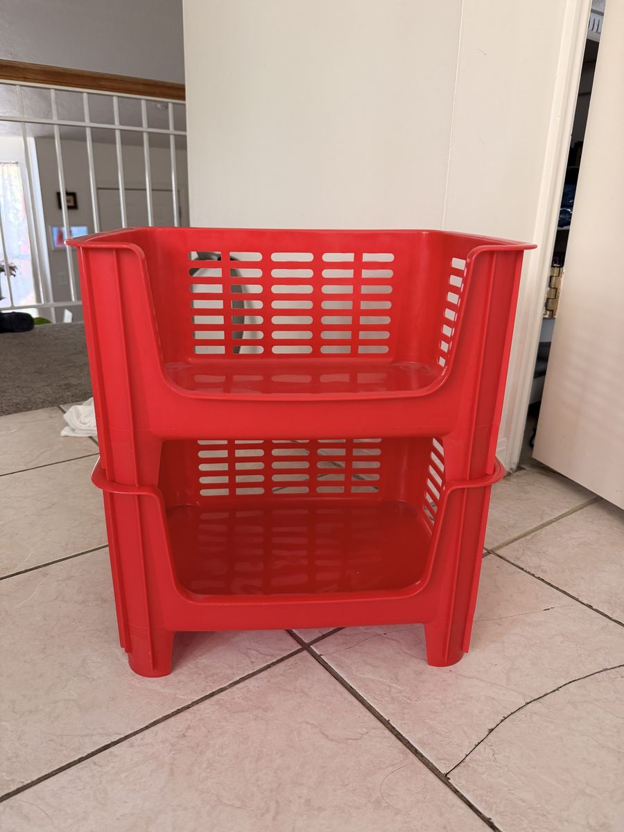 Set of 2 Red Plastic Stackable Storage Baskets