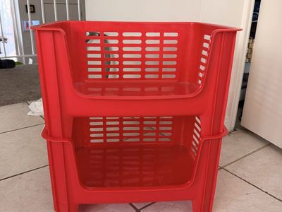 Set of 2 Red Plastic Stackable Storage Baskets