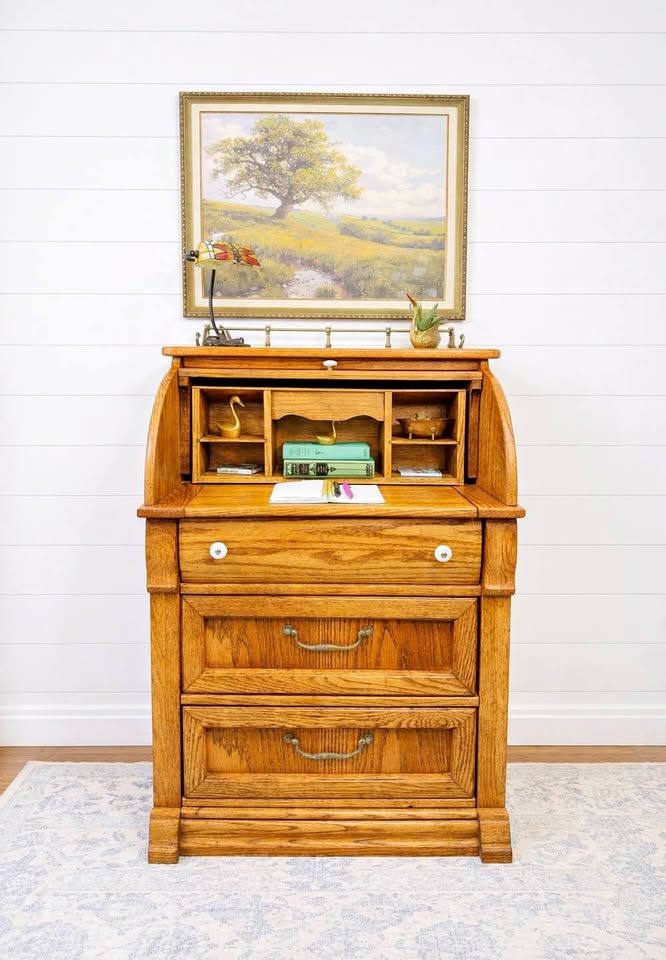 Vintage Pulaski Keepsakes Oak Petite Roll Top Desk Drawers | Vintage Roll Top Desk Dresser