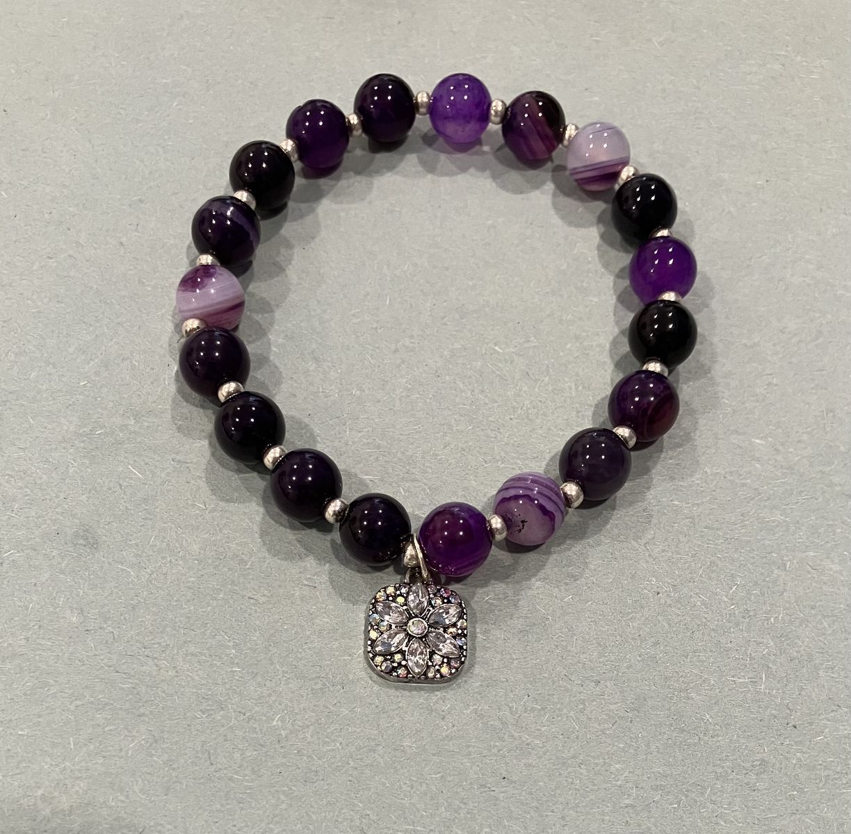 Purple Agate Beaded Stretch Charm Bracelet & Tear Drop Earrings