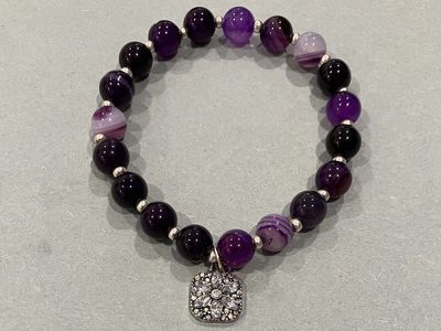 Purple Agate Beaded Stretch Charm Bracelet & Tear Drop Earrings