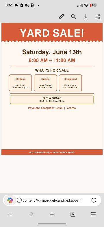 Yard Sale 6/13 8am to 11 am