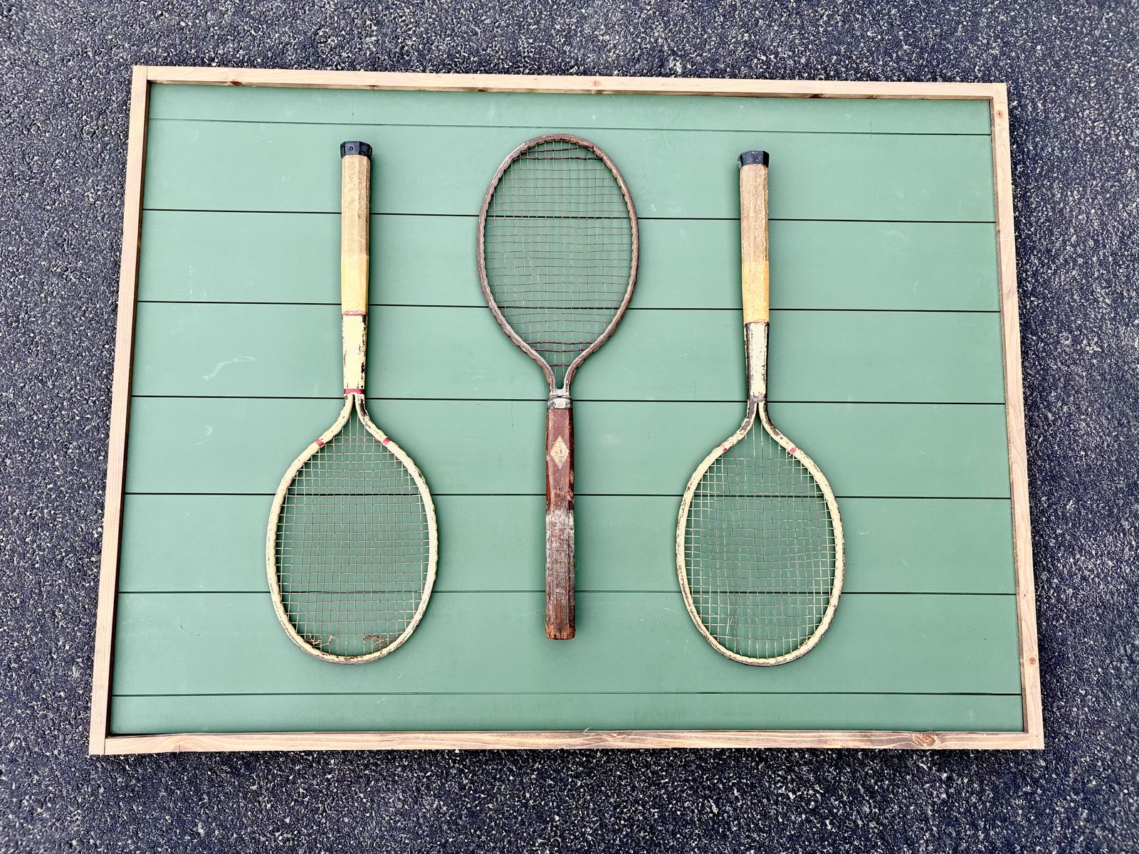 Antique tennis racket wall hanging.  Real antique Dayton rackets from early 1900’s.