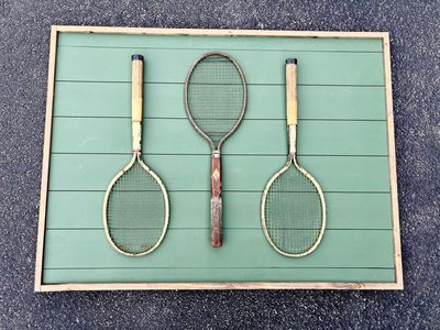 Antique tennis racket wall hanging. Real antique Dayton rackets from early 1900’s.