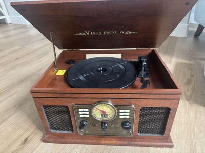 Victrola Retro Bluetooth Record Player with 3-Speed Turntable, Wood Finish