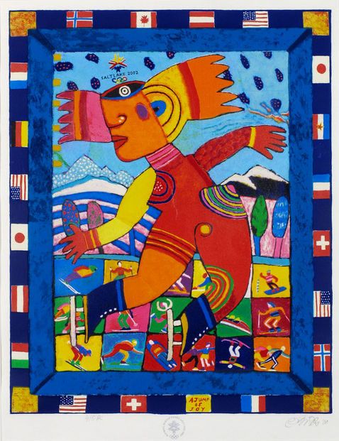 Signed and framed limited 75/200 Salt Lake 2002 Winter Olympics artist Clemens Briels - « A Jump of Joy »