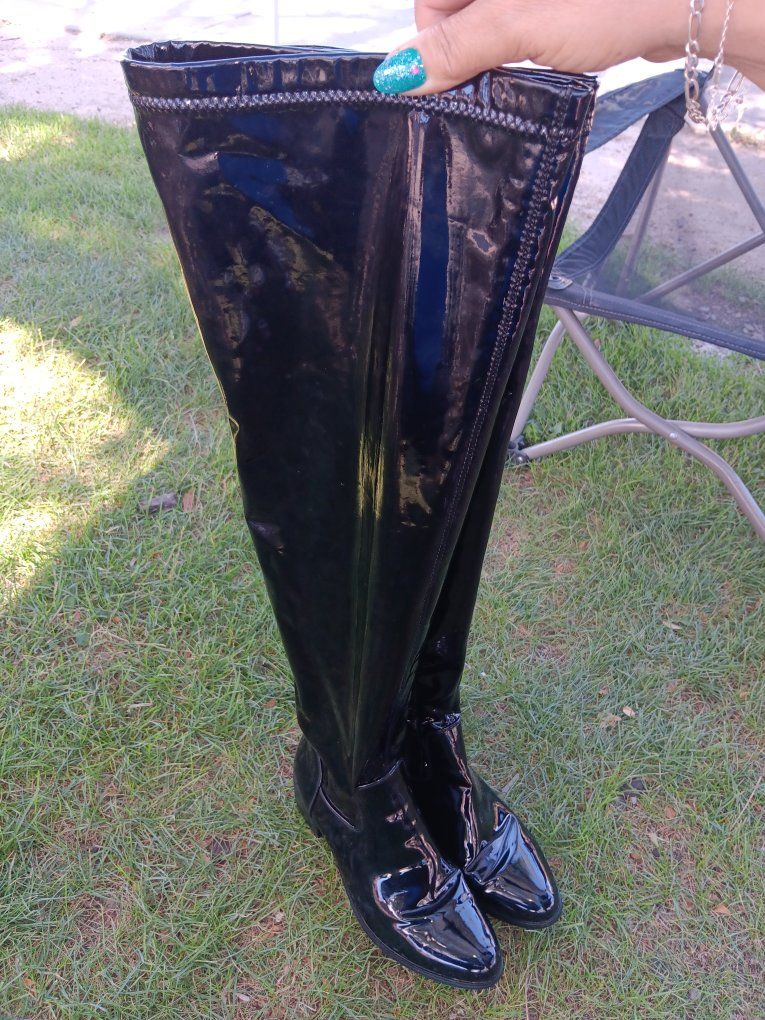 Black Patent Leather Over-the-Knee Boots - Size 39 (US 8) - Shiny Thigh High Costume Shoes