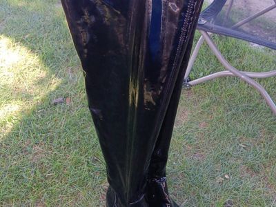 Black Patent Leather Over-the-Knee Boots - Size 39 (US 8) - Shiny Thigh High Costume Shoes