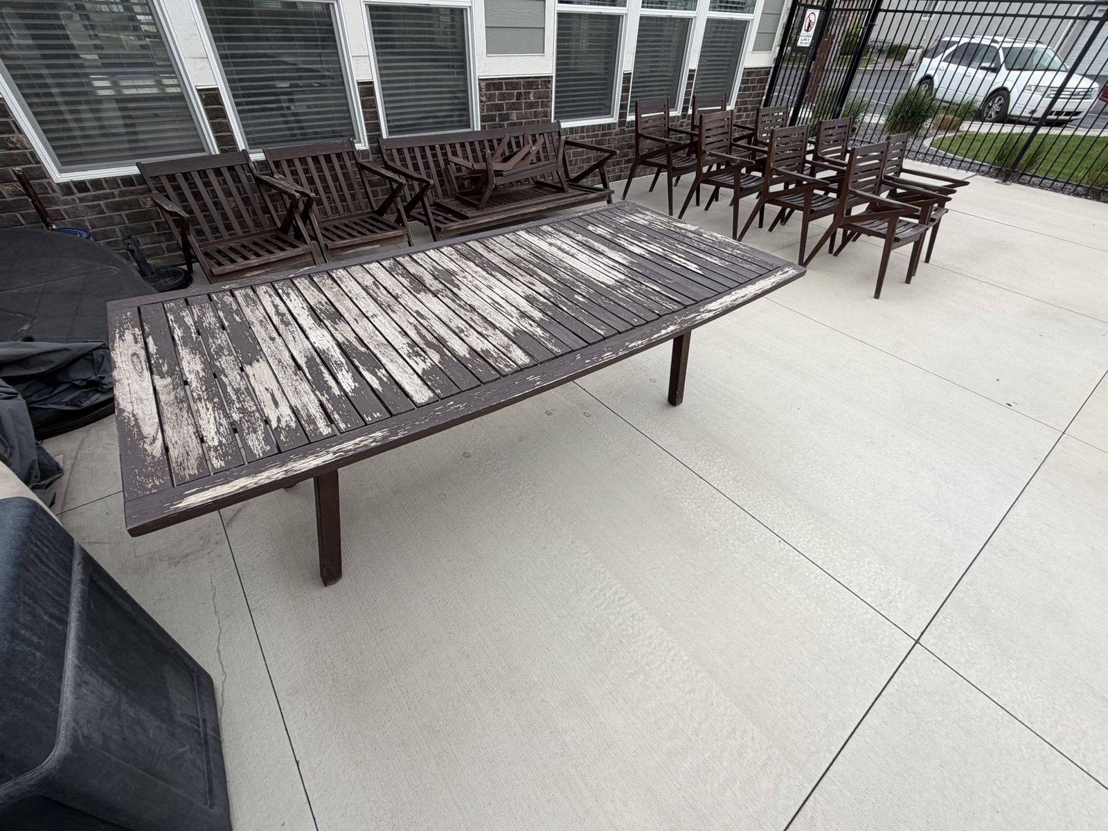 Large Outdoor Wood Patio Dining Table and Chairs- Weathered, Needs Refinishing - Perfect for DIY Project