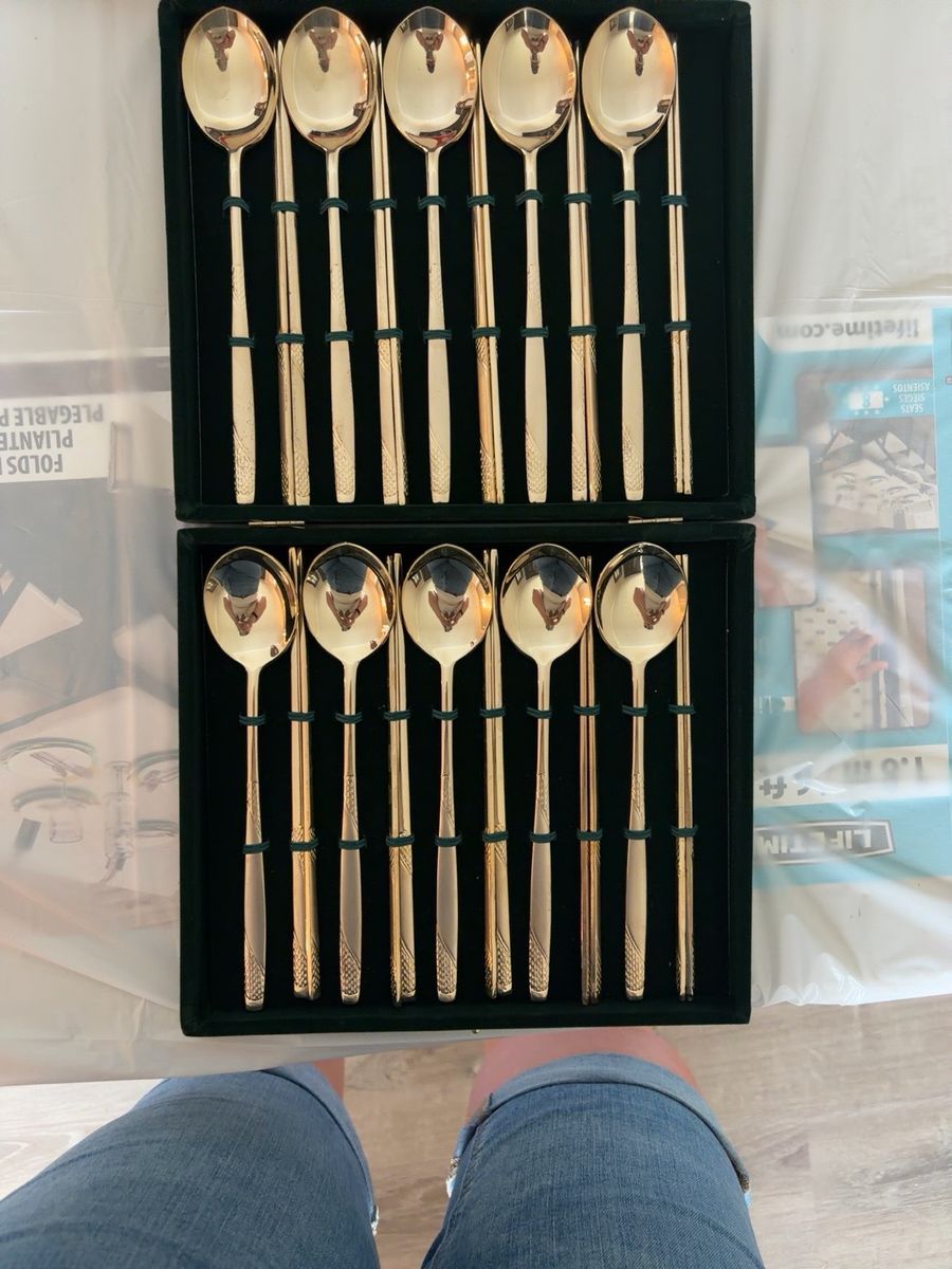 Vintage Fine Sense Gold Tone Stainless Korea Set of 10 Spoons and chopsticks with Original Box