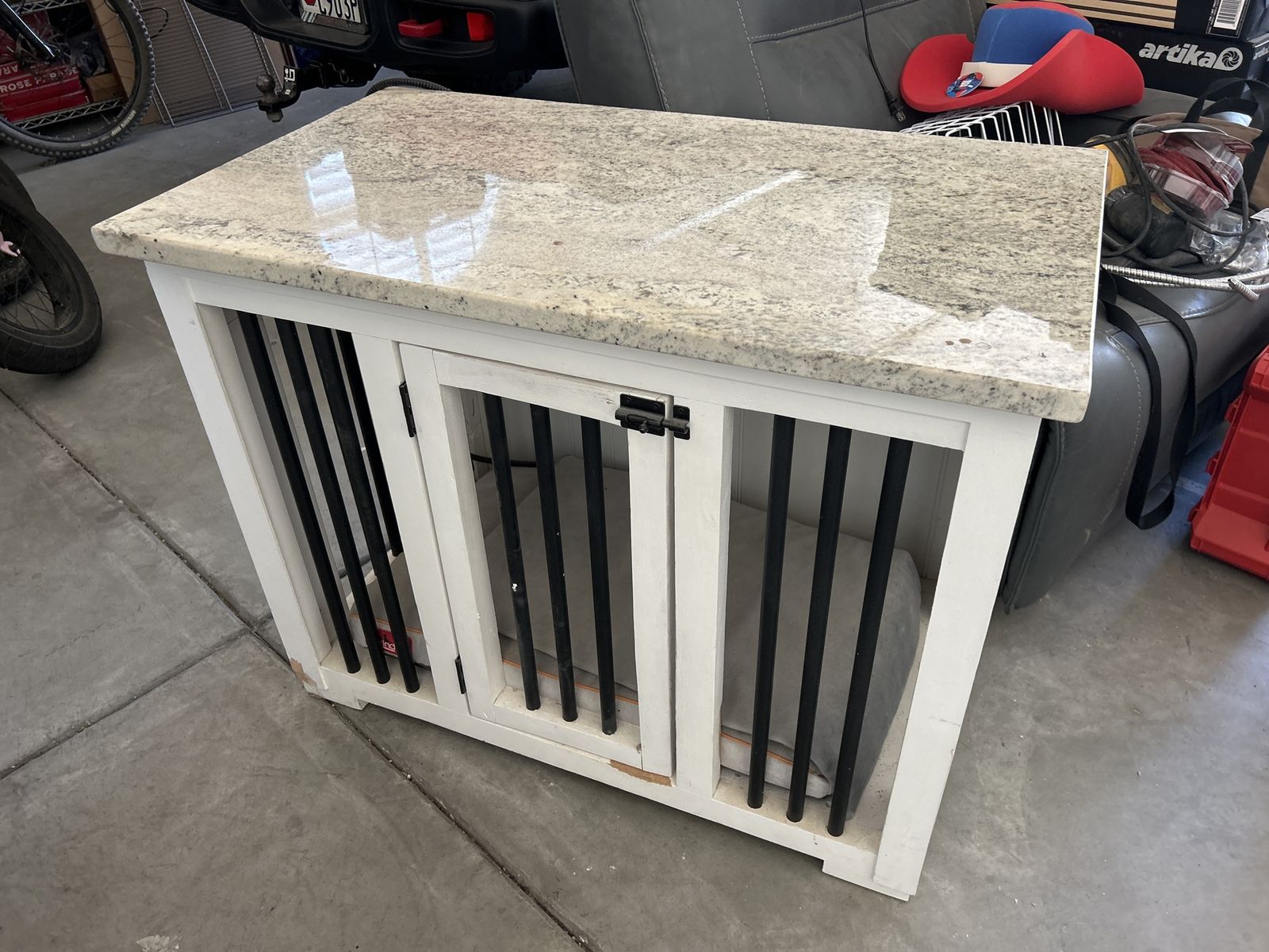 Handmade White Wood & Granite Top Dog Kennel - Dual Door Pet Crate Furniture