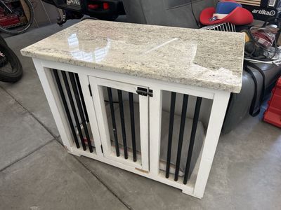 Handmade White Wood & Granite Top Dog Kennel - Dual Door Pet Crate Furniture